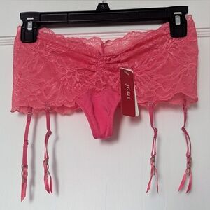 NWT, Josie Pink Punch All-Over Lace Thong Removable Garter Belts Straps. Size M